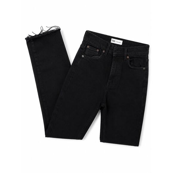 Zara Denim - Zara Black Coated Straight Leg Jeans Frayed Hem Size US 2 EU 34 High Rise